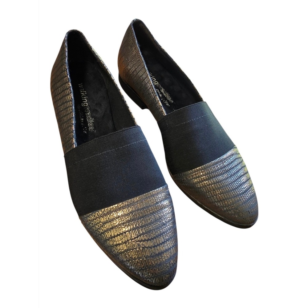 Walking Cradles Loafers Womens Size 8M Black Gold Metallic Leather Pointed Toe